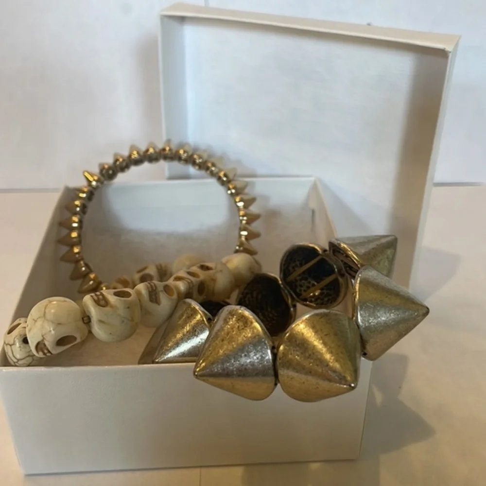 ROCKER SET OF 3 BUNDLE‎ SKULL BRACELET 2 SILVER SPIKE BRACELETS